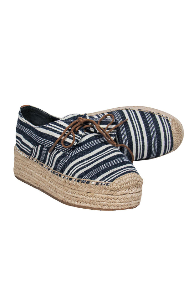 Current Boutique-Tory Burch - Blue & White Striped Woven Platform Lace-Up Espadrilles Sz 8