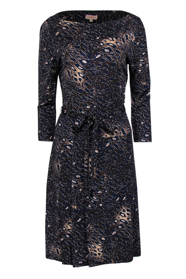 Current Boutique-Tory Burch - Brown & Navy Leopard Print Belted Drop Waist Dress Sz L