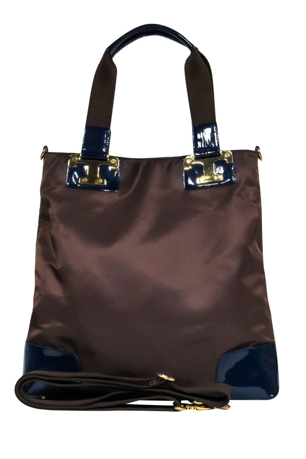 Current Boutique-Tory Burch - Brown Nylon Convertible Tote w/ Navy Patent Leather Trim