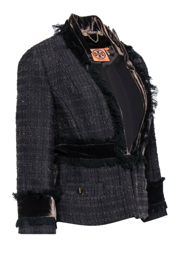 Current Boutique-Tory Burch - Brown Tweed Fringed Jacket w/ Velvet Sz 10