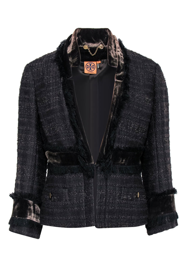 Current Boutique-Tory Burch - Brown Tweed Fringed Jacket w/ Velvet Sz 10