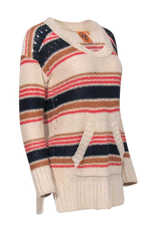 Current Boutique-Tory Burch - Cream Navy, & Red Knit Sweater w/ Front Pocket Sz S