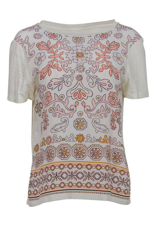 Current Boutique-Tory Burch - Cream, Pink & Orange Printed Short Sleeve Blouse Sz M