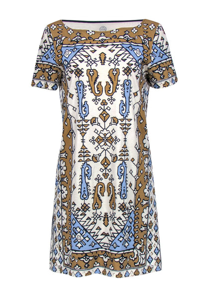 Current Boutique-Tory Burch - Cream, Tan & Blue Bohemian Print Cotton T-Shirt Dress Sz M