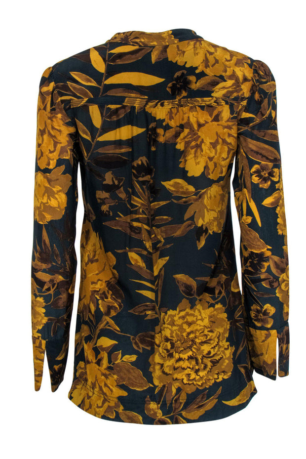 Current Boutique-Tory Burch - Dark Teal & Mustard Floral Print Long Sleeve Silk Blouse Sz 4