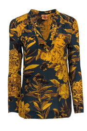 Current Boutique-Tory Burch - Dark Teal & Mustard Floral Print Long Sleeve Silk Blouse Sz 4