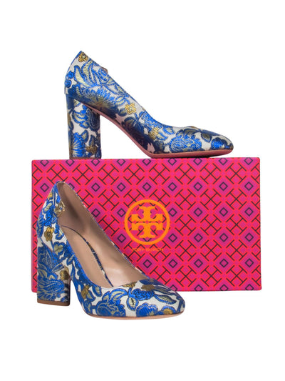 Current Boutique-Tory Burch - "Elizabeth" Metallic Floral Brocade Round Toe Pump Sz 8