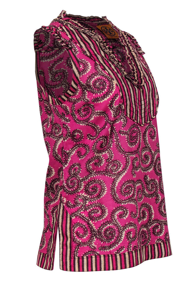 Current Boutique-Tory Burch - Fuchsia Swirled Notch Neck Sleeveless Blouse Sz 6