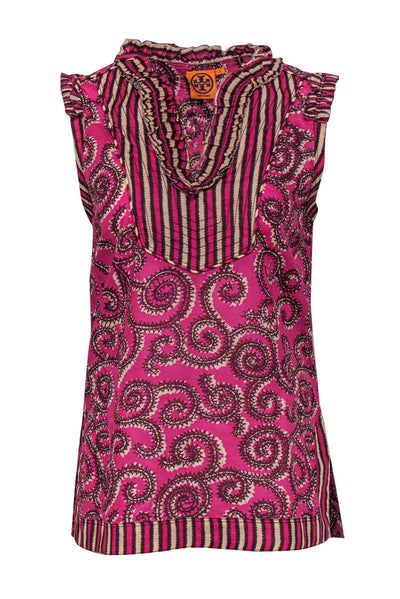 Current Boutique-Tory Burch - Fuchsia Swirled Notch Neck Sleeveless Blouse Sz 6