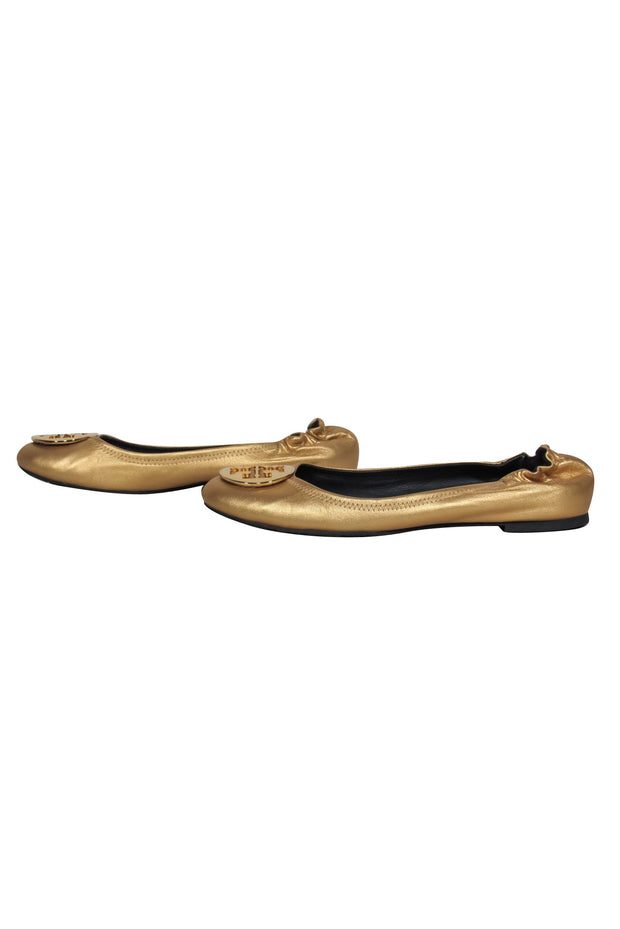 Current Boutique-Tory Burch - Gold Leather "Reva" Ballet Flats w/ Gold-Toned Logo Sz 10.5