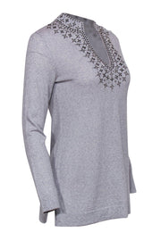 Current Boutique-Tory Burch - Gray V-Neck Merino Wool Sweater w/ Rhinestones Sz S