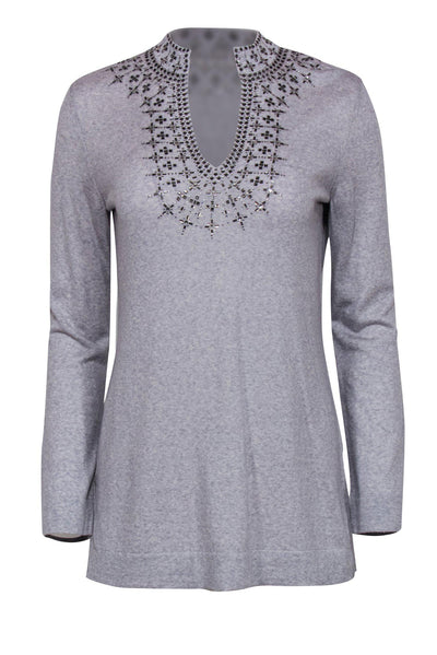 Current Boutique-Tory Burch - Gray V-Neck Merino Wool Sweater w/ Rhinestones Sz S