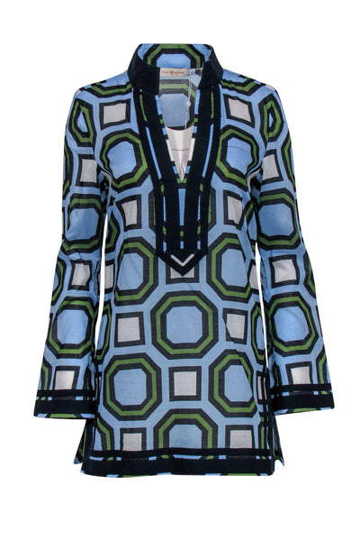 Current Boutique-Tory Burch - Green, Blue & Black Printed Tunic w/ Trim Sz S