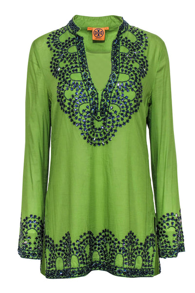 Current Boutique-Tory Burch - Green Cotton Long Sleeve Tunic w/ Beading Sz 10