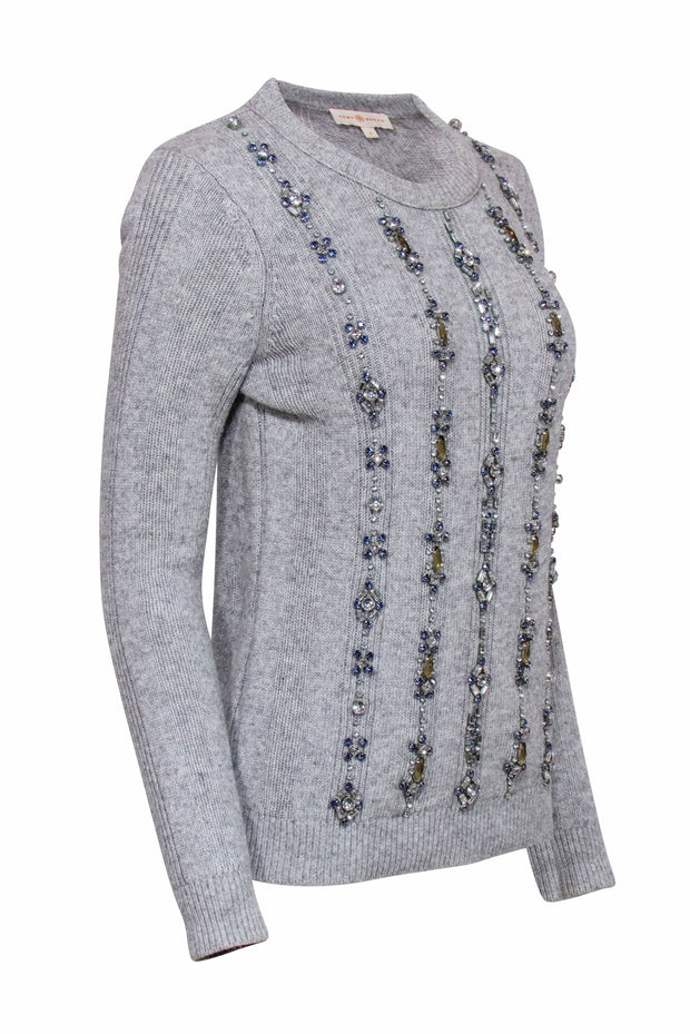 Current Boutique-Tory Burch - Grey Knit Sweater w/ Rhinestone & Blue Gem Embellishments Sz S