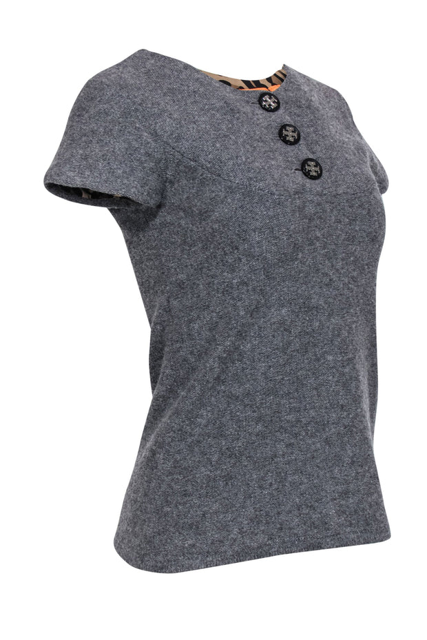 Current Boutique-Tory Burch - Grey Short Sleeve Wool Shirt w/ Logo Buttons Sz XS