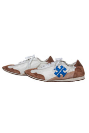 Current Boutique-Tory Burch - Ivory, Brown & Beige Leather & Suede “Tory” Sneakers w/ Blue Logo Sz 8