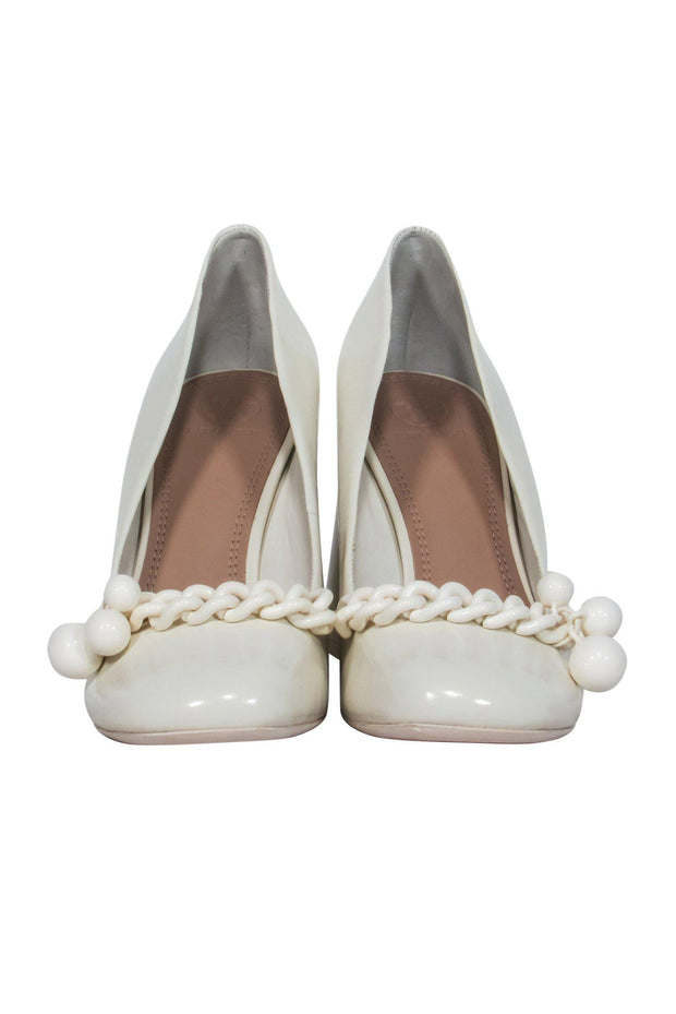 Current Boutique-Tory Burch - Ivory Leather Chunky "Addison" Pumps w/ Chain Design Sz 9.5