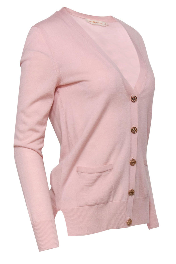 Current Boutique-Tory Burch - Light Pink Button-Up Merino Wool Cardigan w/ Logo Buttons Sz S