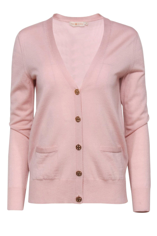 Current Boutique-Tory Burch - Light Pink Button-Up Merino Wool Cardigan w/ Logo Buttons Sz S