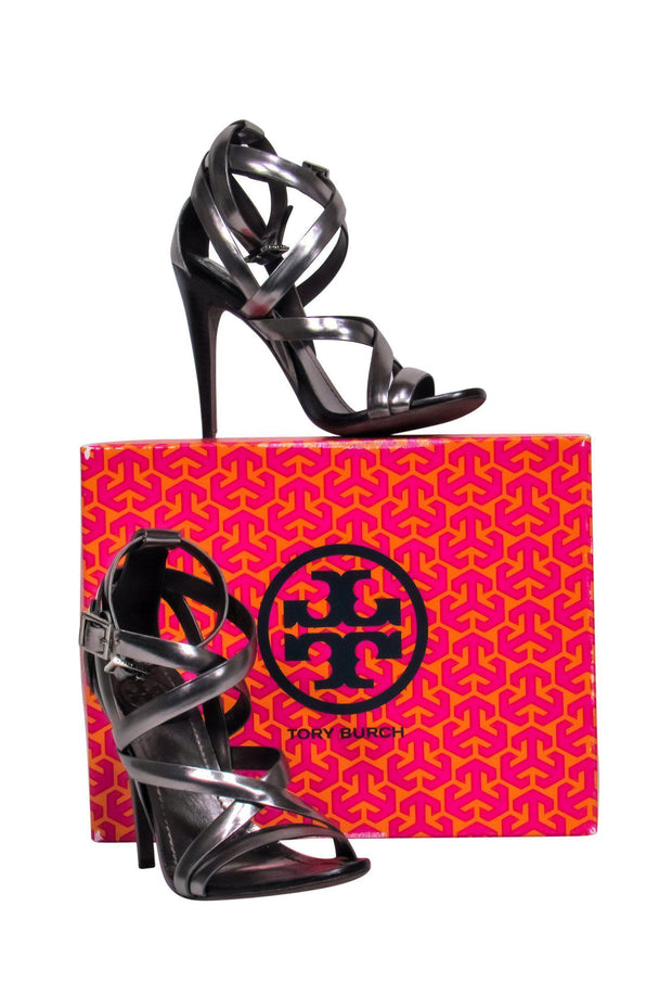 Current Boutique-Tory Burch - Metallic Pewter Strappy Heeled Sandals Sz 7.5