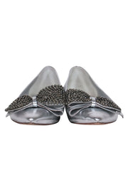 Current Boutique-Tory Burch - Metallic Silver Leather Pointy-Toe Flats w/ Crystal Bow Sz 8.5