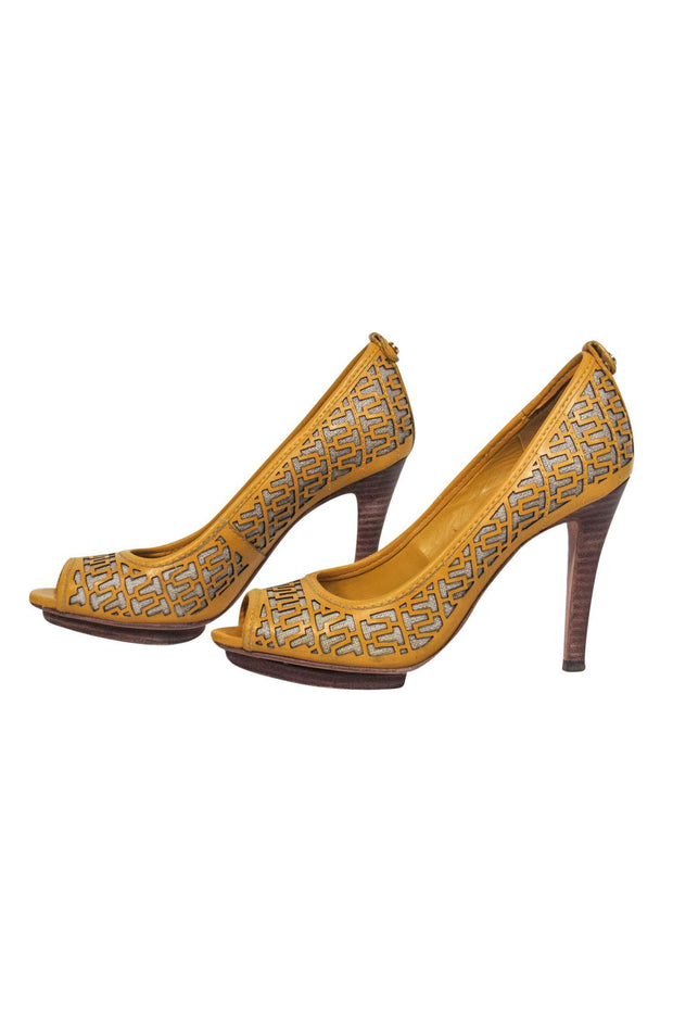 Current Boutique-Tory Burch - Mustard Yellow Leather Laser Cut Stacked Peep Toe Pumps Sz 7.5