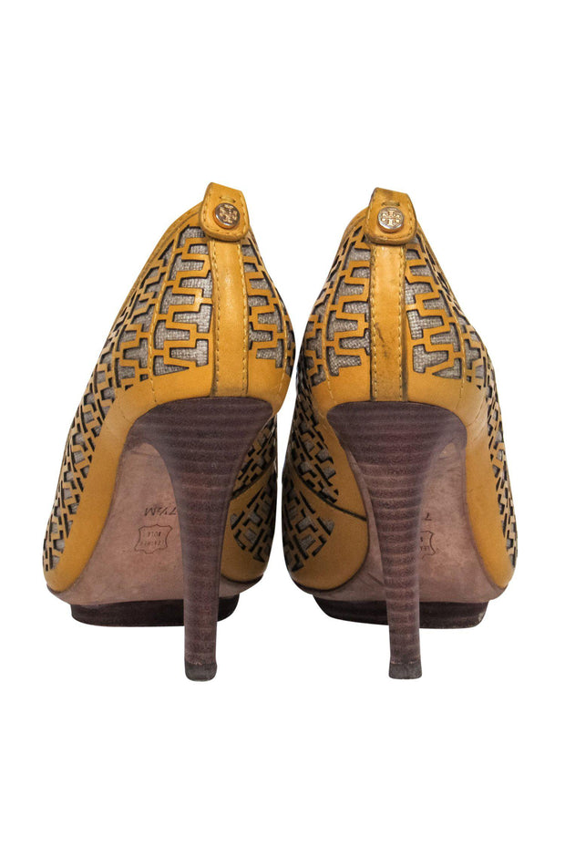 Current Boutique-Tory Burch - Mustard Yellow Leather Laser Cut Stacked Peep Toe Pumps Sz 7.5