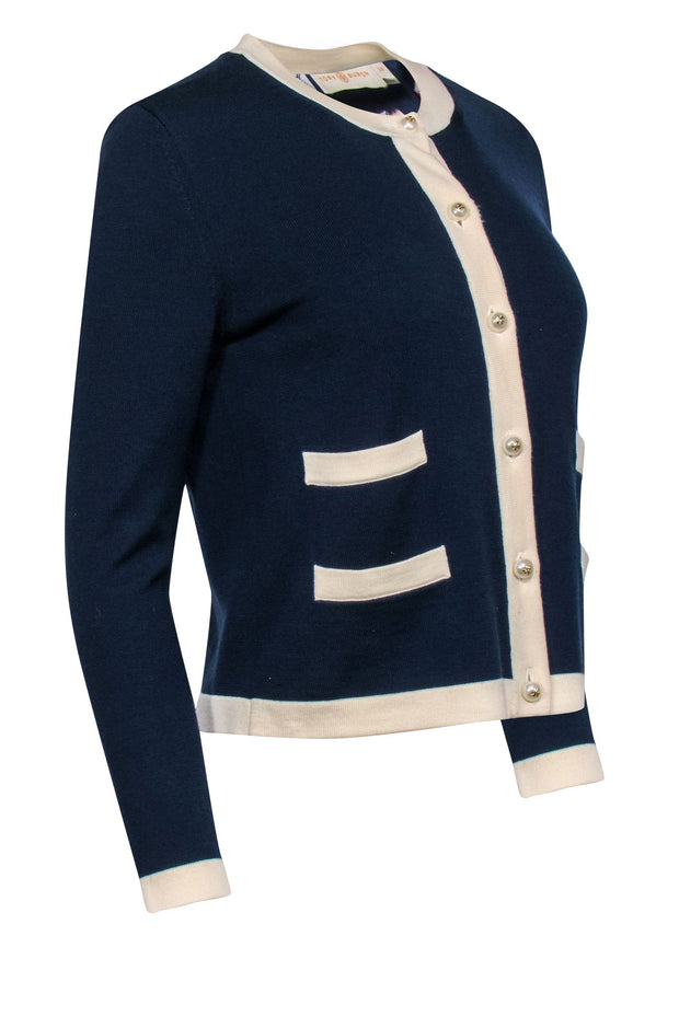 Current Boutique-Tory Burch - Nautical Navy Wool Cardigan w/ Pearl Button Accents Sz S