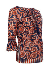 Current Boutique-Tory Burch - Navy & Orange Swirled Peasant Top Sz 2