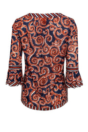 Current Boutique-Tory Burch - Navy & Orange Swirled Peasant Top Sz 2