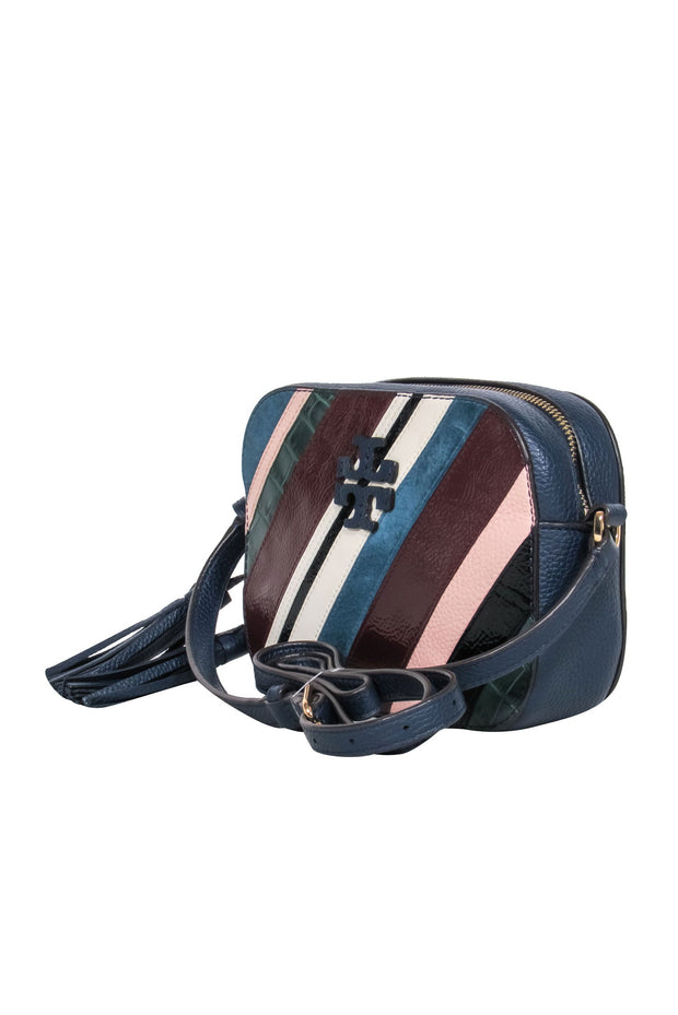 Current Boutique-Tory Burch - Navy Pebbled Leather w/ Multi Fabric Front Crossbody