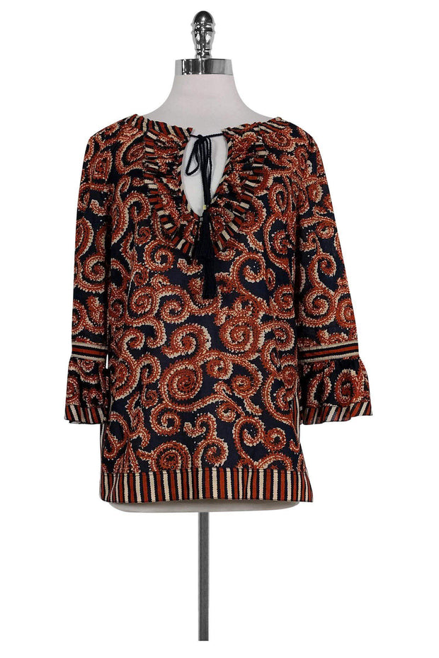 Current Boutique-Tory Burch - Navy & Rust Orange Print Top Sz 8