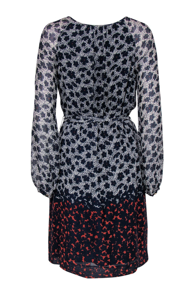 Current Boutique-Tory Burch - Navy, White & Orange Floral Print Belted Silk Shift Dress Sz 4