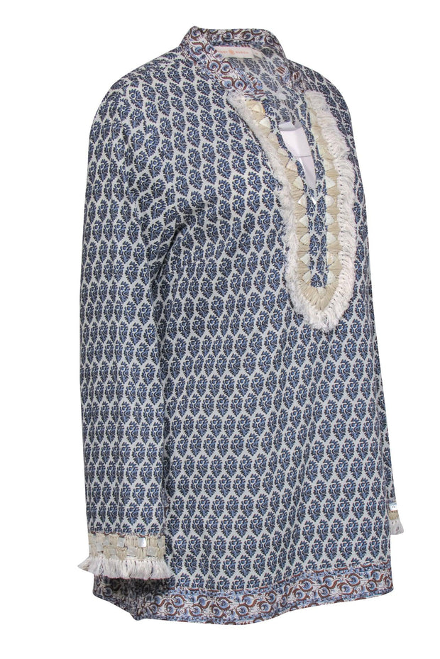 Current Boutique-Tory Burch - Navy & White Print Cotton Tunic w/ Beaded Trim & Fringe Details Sz 14