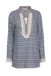 Current Boutique-Tory Burch - Navy & White Print Cotton Tunic w/ Beaded Trim & Fringe Details Sz 14