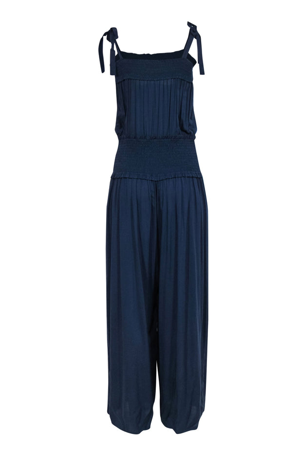 Current Boutique-Tory Burch - Navy Wide Leg Smocked Waist Tie Strap Jumpsuit Sz L