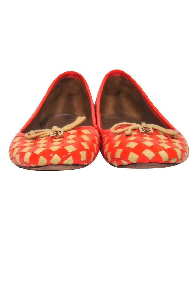 Current Boutique-Tory Burch - Orange & Beige Patent Leather & Woven Checkered Flats w/ Logo Sz 8