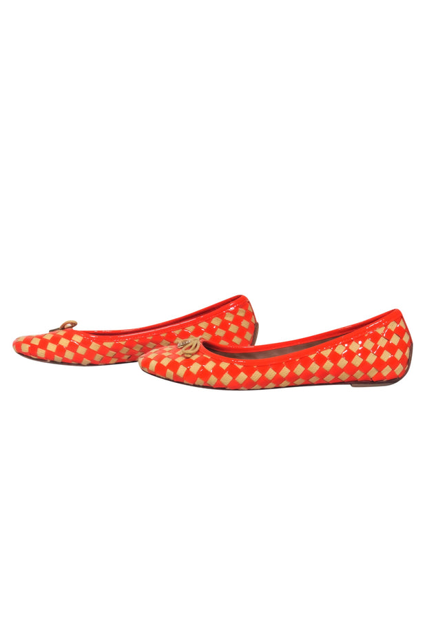 Current Boutique-Tory Burch - Orange & Beige Patent Leather & Woven Checkered Flats w/ Logo Sz 8