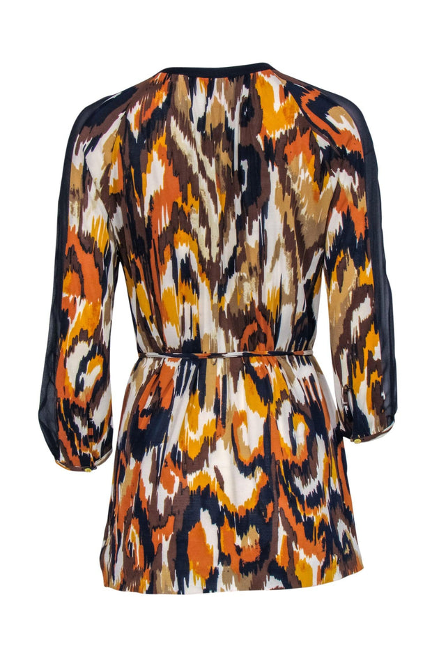 Current Boutique-Tory Burch - Orange, Blue, & Brown Printed Silk Quarter Sleeve Blouse w/ Tie Sz XS