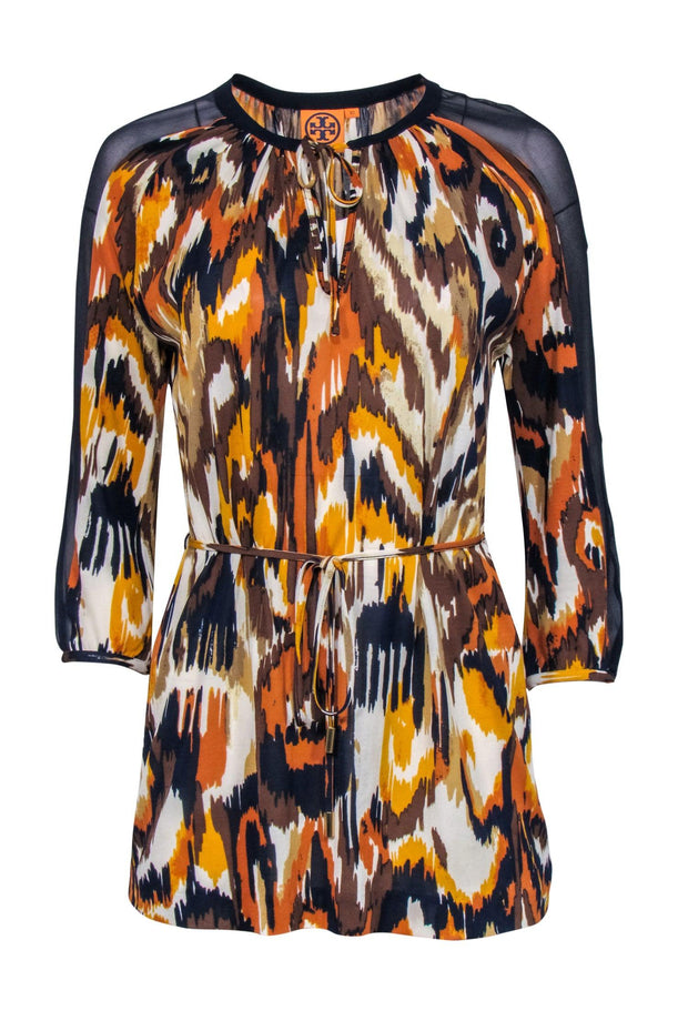 Current Boutique-Tory Burch - Orange, Blue, & Brown Printed Silk Quarter Sleeve Blouse w/ Tie Sz XS