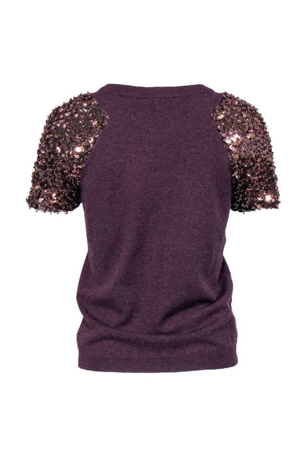 Current Boutique-Tory Burch - Plum Short Sleeve Sweater w/ Sequins & Beading Sz S