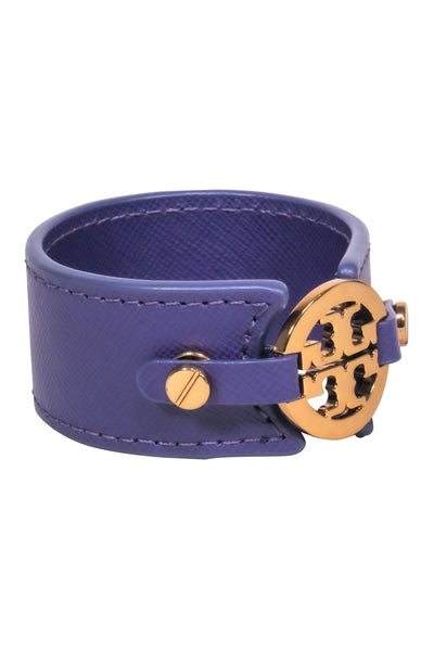 Current Boutique-Tory Burch - Purple Leather Cuff w/ Gold Logo Bracelet