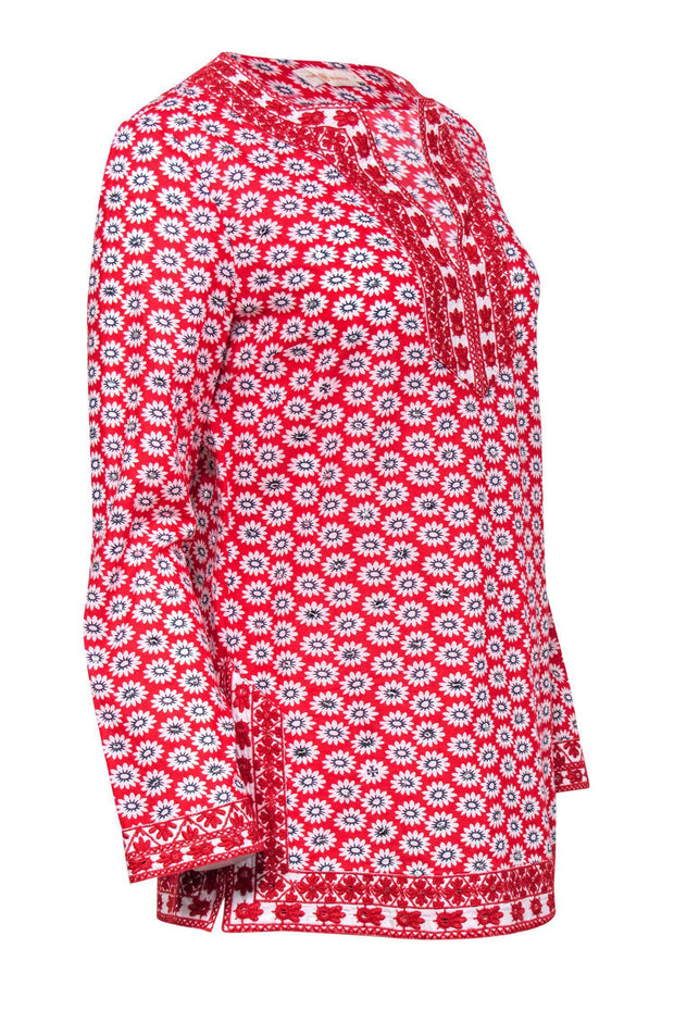 Current Boutique-Tory Burch - Red & White Floral Print Long Sleeve Tunic w/ Sequins Sz 8