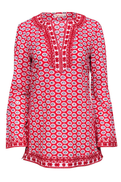 Current Boutique-Tory Burch - Red & White Floral Print Long Sleeve Tunic w/ Sequins Sz 8