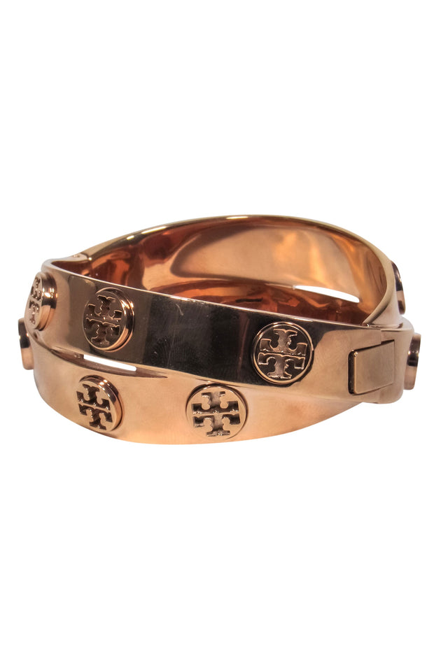 Current Boutique-Tory Burch - Rose Gold Crisscross Bangle w/ Logo Medallions