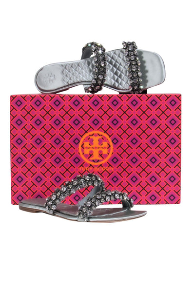 Current Boutique-Tory Burch - Sea Foam Blue Satin Slide Sandals w/ Crystal Embellishment