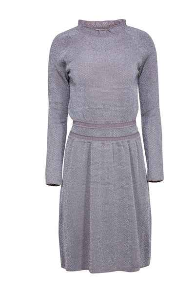 Current Boutique-Tory Burch - Silver Sparkly Knit Long Sleeve Fit & Flare Dress Sz S