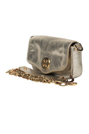 Current Boutique-Tory Burch - Small Gold Metallic Textured Leather Chain Crossbody w/ Logo