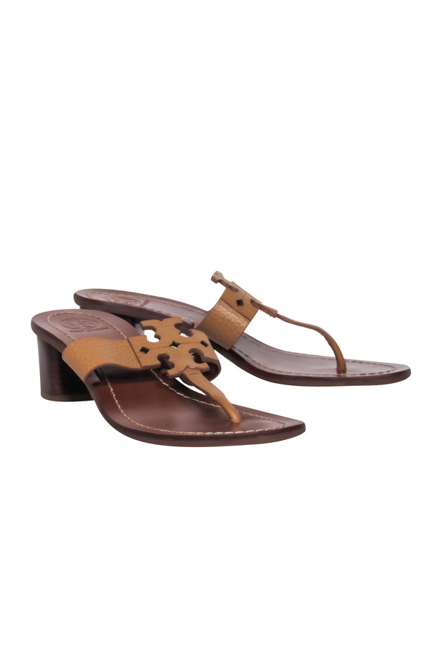 Current Boutique-Tory Burch - Tan Logo Thong Leather Sandals w/ Block Heel Sz 7.5